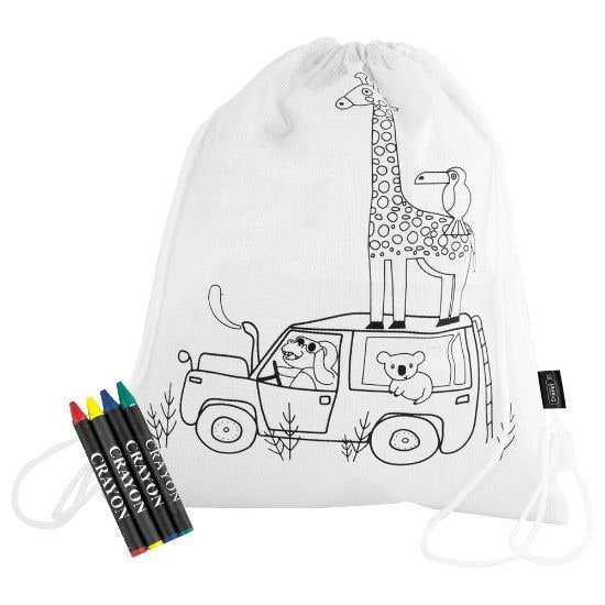 EgotierPro 52046 - White RPET Bag with Animals & Crayons SAFUN